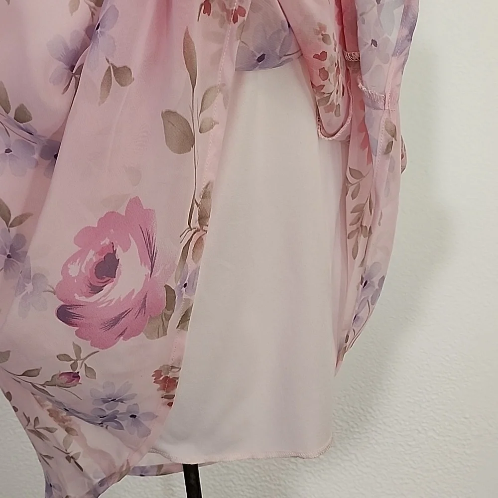 Dress Cowl Drape Back Floral Semi Sheer Overlay Lined Pink Size M - Picture 9 of 9